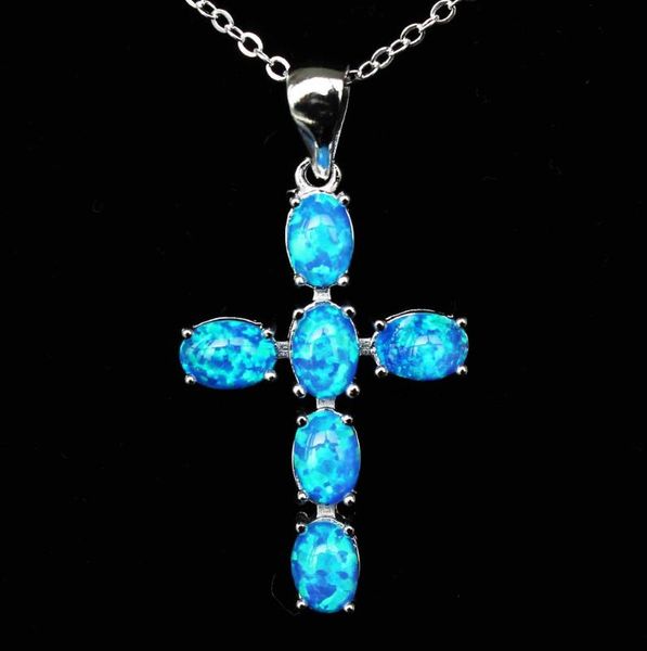 

cool christian cross design white / blue fire opal pendant necklace, Silver