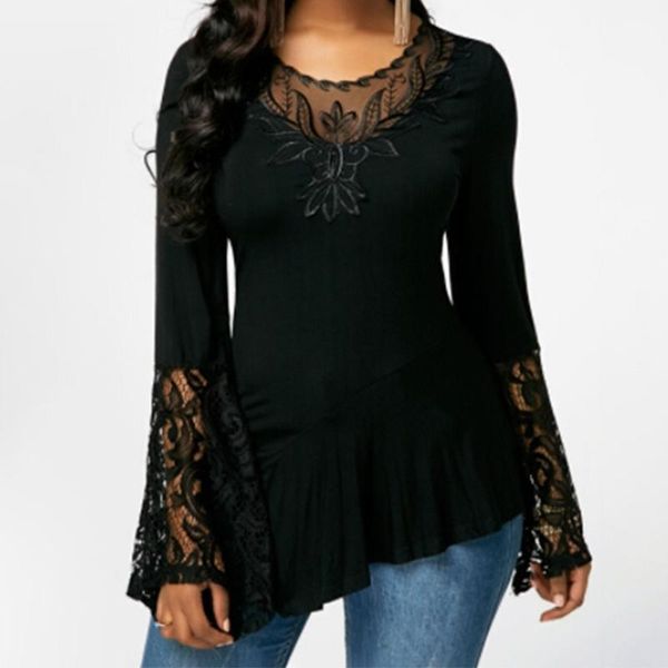 

fashion lace blouses flare sleeve shirts for womens shirt plus size women clothes irregular 2019 blusas female 5xl 4xl 3xl t200320, White