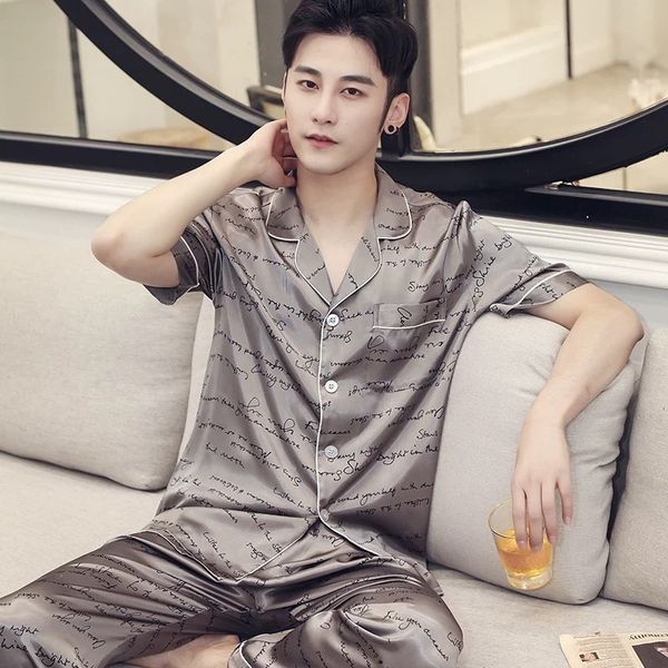 

men's summer casual silk and trouserslong-sleeved trousers pajamas thin short-sleeved trousers ice silk cardigan large size home suit, Black;brown