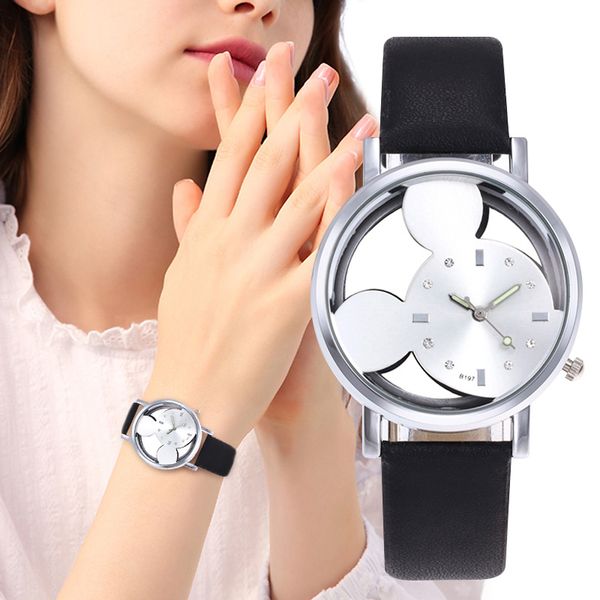 

wj-4766 montre femme personality trend mouse double-sided hollowed children's leather watches relogio feminino, Slivery;brown