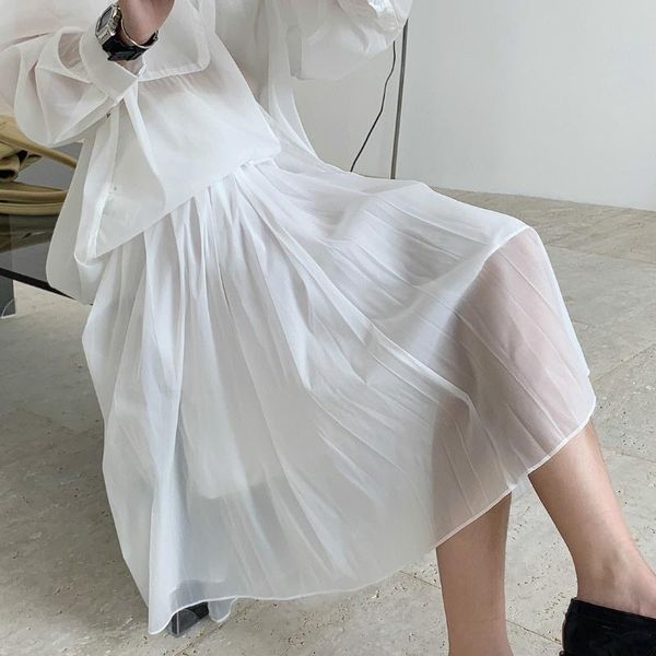 

2020 autumn new fashion high waist pleated skirts women a-line irregular design matte black/white midi skirt