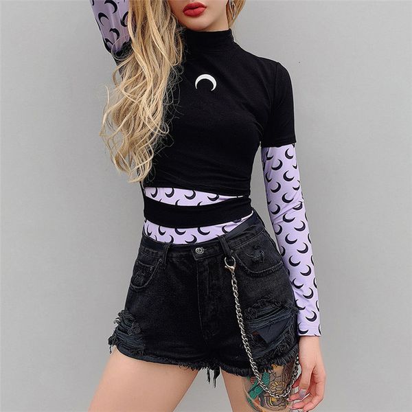 

witch moon shirt women gothic t shirts chill crescent embroidery tee pastel goth aesthetic clothing cotton short tshirt, White