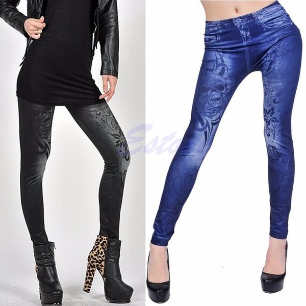 

casual solid women skull print leggings stretchy slim jeans jeggings skinny pencil pants, Black
