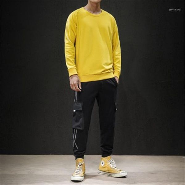 

set fashion trend male casual loose hoodie trousers sweatshirt sweatpants set tracksuit autumn man round neck turtleneck two-piece, Gray