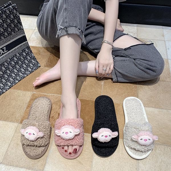 

slippers women warm shoes woman fashion autumn winter sheep slip on flip flops fur female slides plus size, Black