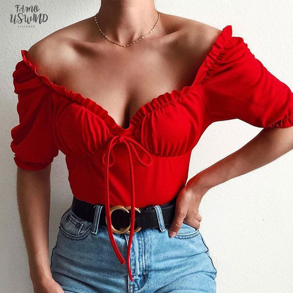 

vintage summer women casual tee shirt solid slash neck short sleeve chest lace up fold short crop cotton haut femme, White