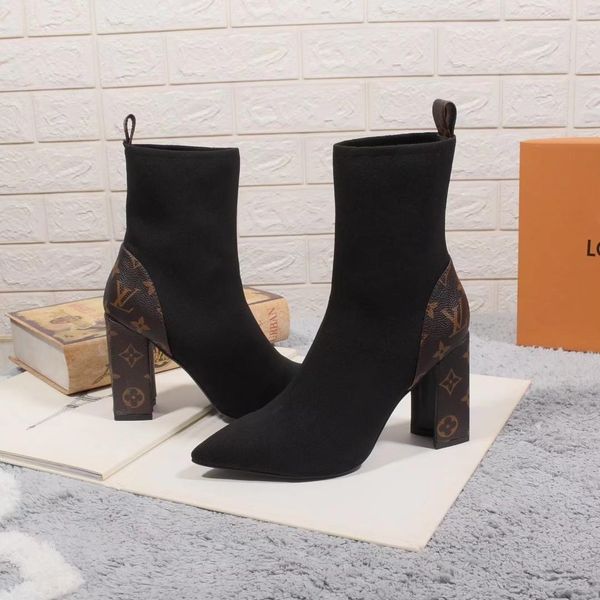 

2020 new fashion thick-heeled high-heeled ankle boots wild thick heel boots stretch knit boots socks women's boots, size: 35-411, Black