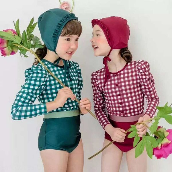 

new swim korean children's swimsuit girl's baby simple plaid fresh korean style one-piece sun-proof surfing suit with hat performa, White;black