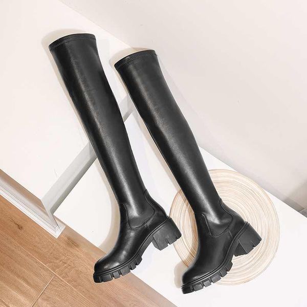 

yd-ever simple style popular cow leathe stretch boots round toe high heels winter women keep warm solid thigh high boots l10-a, Black