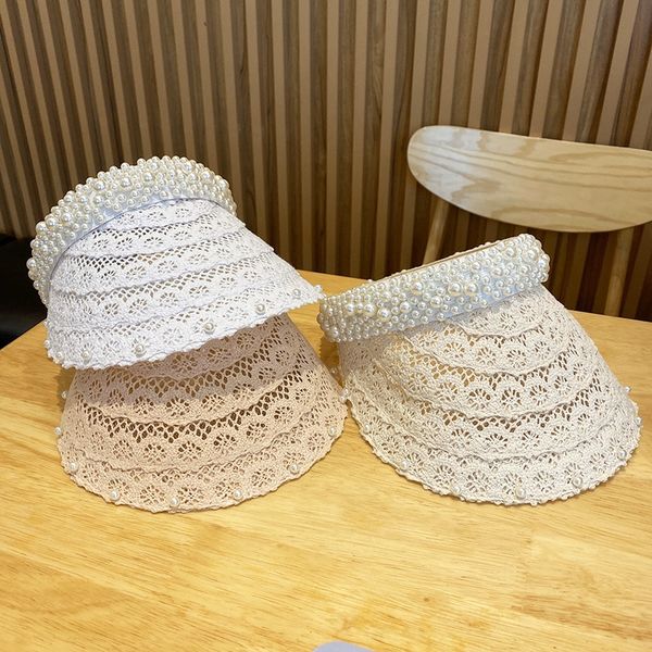 

female summer pearl lace hollow hollow hair band no travel leisure sunscreen hair band hat sunscreen hat, Blue;gray