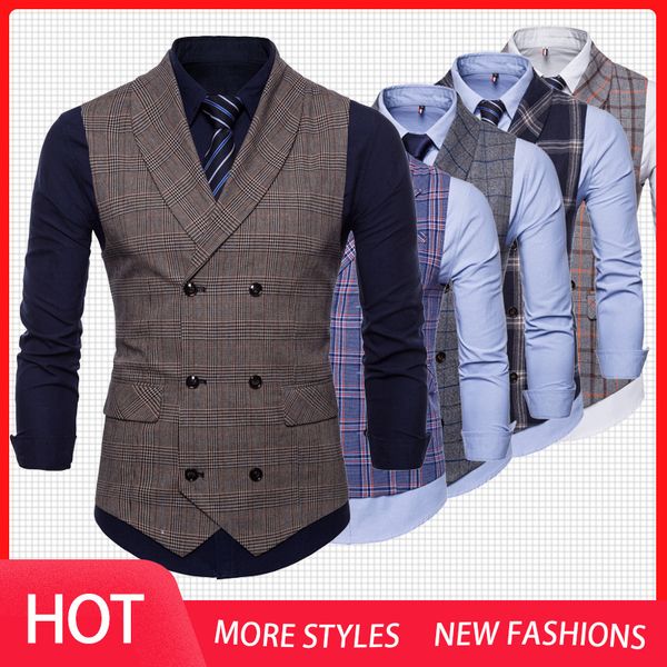 

new 2020 tweed suit men vest plaid sleeveless jacket vests for men waistcoat vintage men's vest with lapel gilet homme costume, Black;white