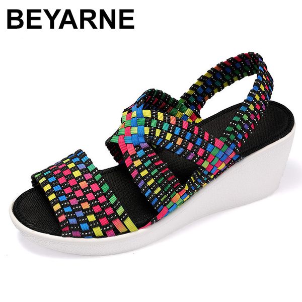 

beyarnewomen sandals summer platform shoes slip on woven sandals handmade wedge shoes breathable women multi colors big sizee402, Black