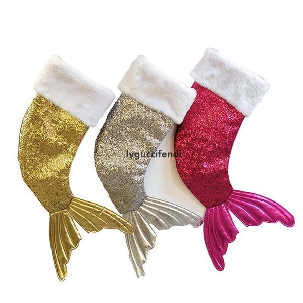 

2018 new sequin mermaid shape christmas stocking socks holder xmas tree new year ornament 18 inch