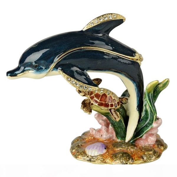

crafted nautical craft gifts enamel dolphin hinged trinket box crystal jewelry box animal statues unique jewelry packaging gift for her, Black;white