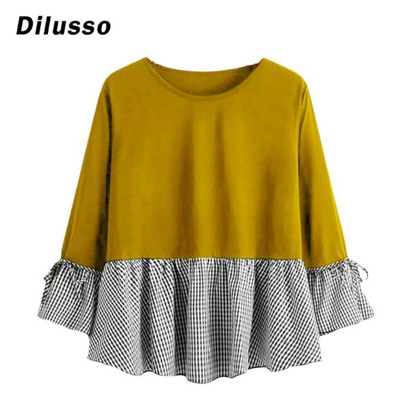 

fashion women casual plus size shirt long sleeve ruffles o-neck shirt patchwork ladies summer antumn #d3, White