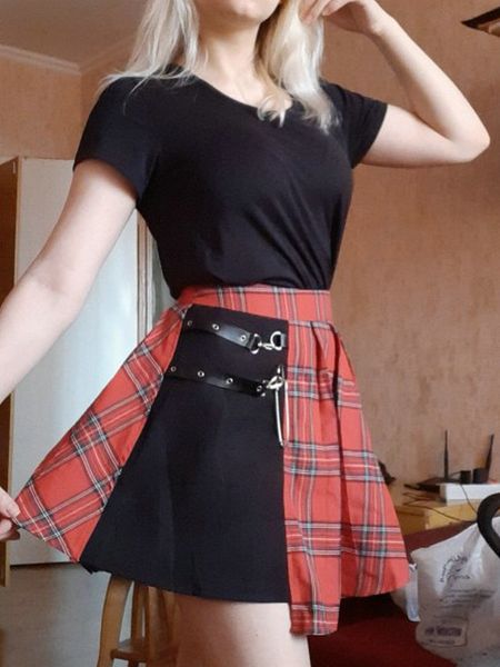 

women pleated skirt red panelled black female harajuku plaid short dance skirt punk preppy style asymmetrical mini fashion tide