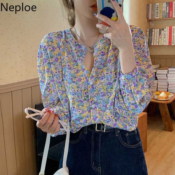 

neploe 2020 summer thin floral chiffon blouse korean causal long sleeve o-neck shirt single breasted o-neck women shirts 4d191, White