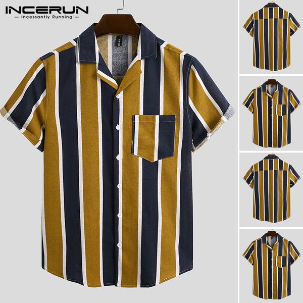 

vintage pockets floral shirt summer hawaiian vocation blusas men striped printed shirts casual short sleeve lapel camisa s-3xl 7, White;black