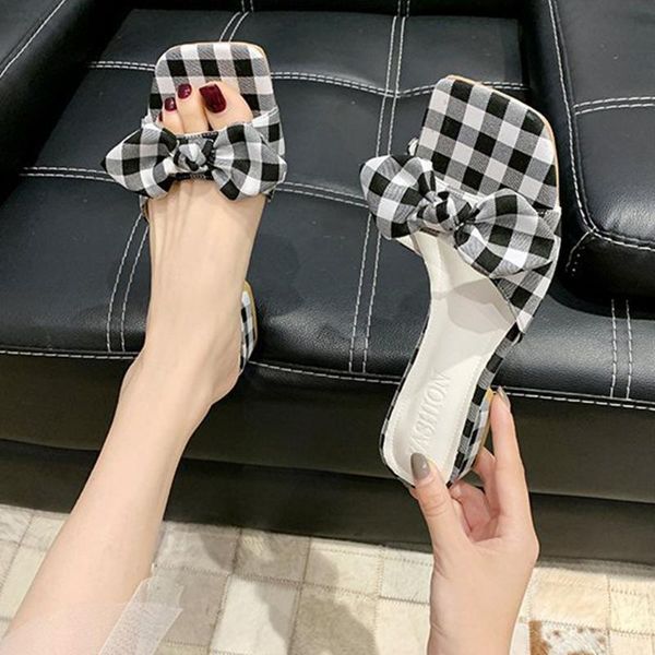 

square toe sandals plaid slippers women bowknot wave point slides claquette femme gingham flats slip-on sandals mules low heel, Black