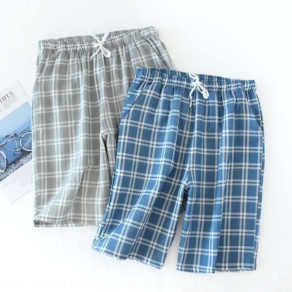

19 men's gauze plaid shorts thin cotton cropped ankle-length shorts beach pants loose casual pajamas beach pants, Black;brown