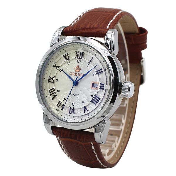 

mg. orkina anodized blue hands men watch japan made quartz movement auto date display relogio, Slivery;brown