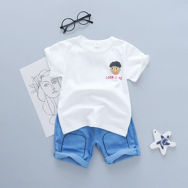 

zksvj small and medium-sized children's new casual loose cute small and shorts black-headed letter printed short-sleeved denim shorts t