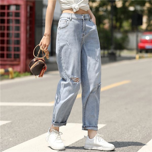 

2020 nine nine summer thin plus size denim cropped pants fat mm western style all-match high waist casual hole harem pants 8872, Blue