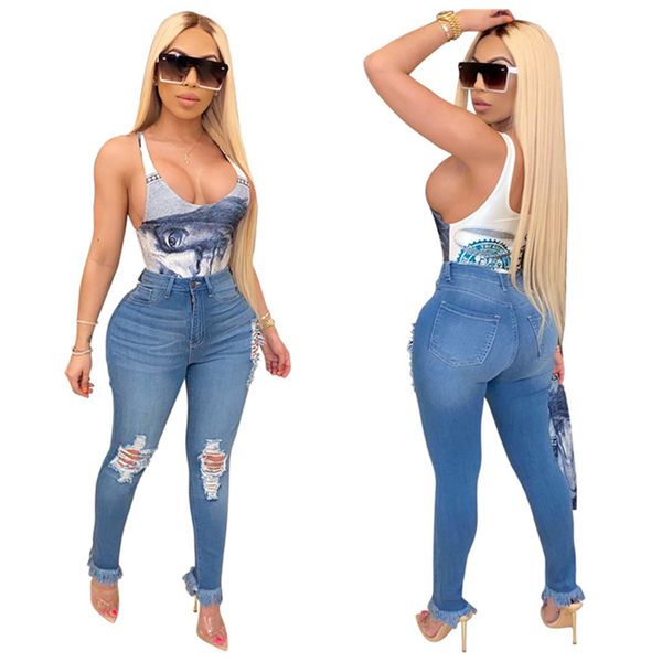 

womens fashion casual hole tassel fringed jeans, Blue