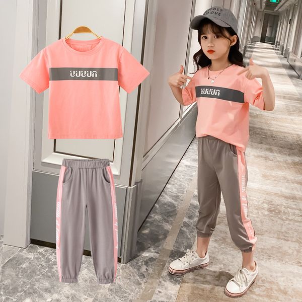 

girls womens summer new korean-style fashion casual sports big childrens printed t-shirt striped pants set, White