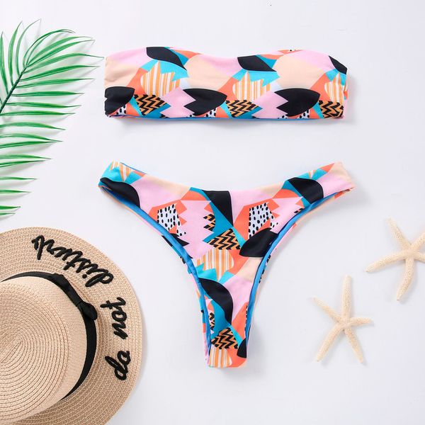

high leg bandeau bikini set swimwear female two pieces high waist bikini two piece print split swimsuit bikini beachwear, White;black
