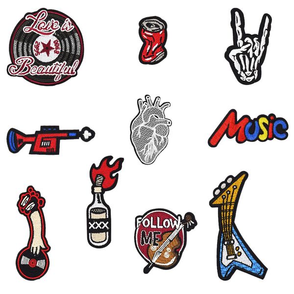 

10 pcs cool embroidered rock and roll patch badge for punk clothing ironing applique men jacket stripe sewing embroidered patches for jeans, Black