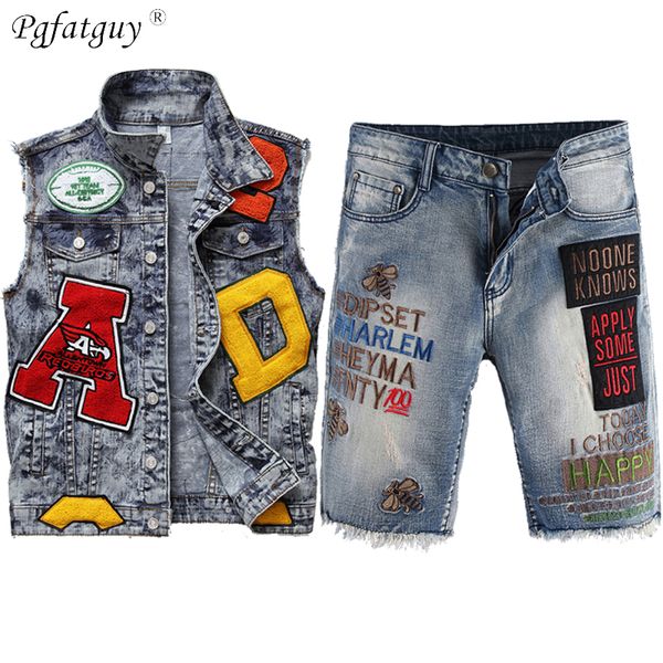 

2020 мода лето шорты комплекты мужские синий вышитые letters патч джинсовой жилет + вышивка письмо bee шорты мужской two piece set, Gray