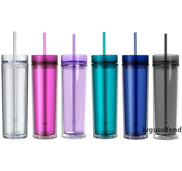 

the latest 16ozskinny new straight cup double plastic cup with straw, 6 color options, support custom logo and style