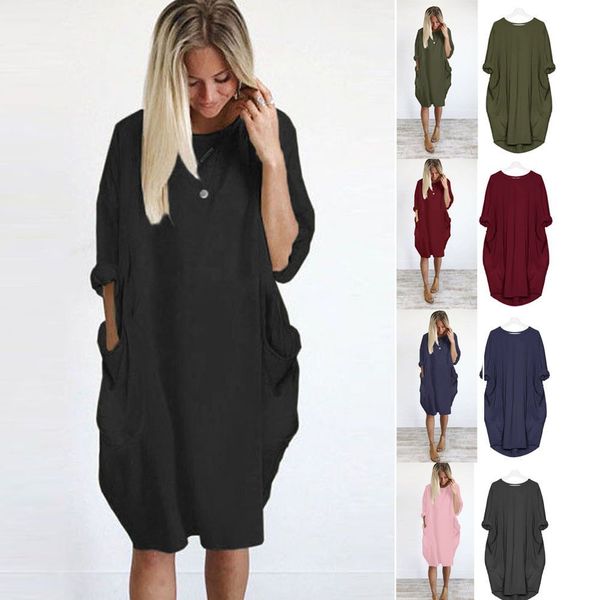 

womens pocket loose dress ladies crew neck casual long dress plus size