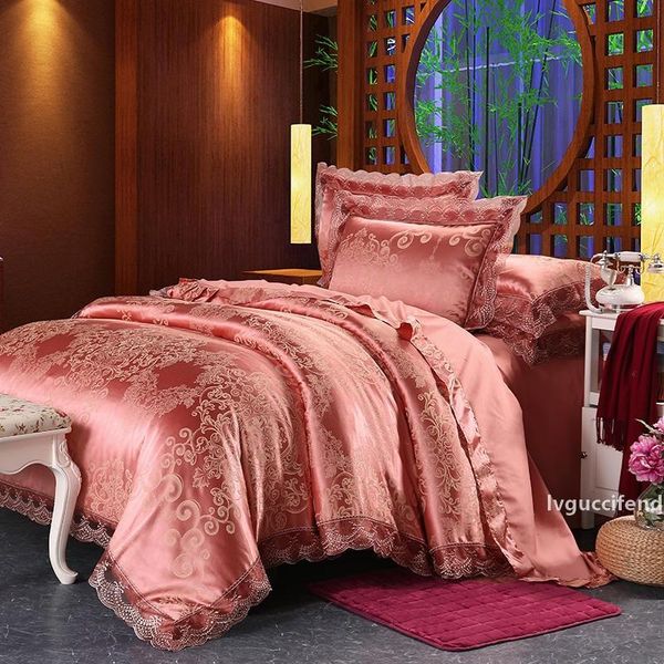 

pink lace bedding sets satin jacquard bed set european style bedding modal bed linen double rounded sheet pillowcases