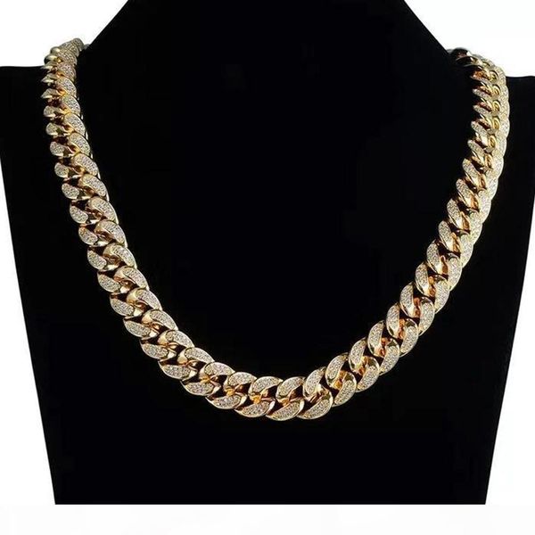 

men hip hop gold necklace copper micro-inserts white diamond miami cuban chain necklaces mens choker iced out bling jewelry 20mm, Silver