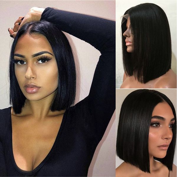 

новый прямой короткий 100% парик фронта шнурка человеческих волос 13x4 pixie cut парик бразильский боб волос remy прозрачный парик 150% плот, Black