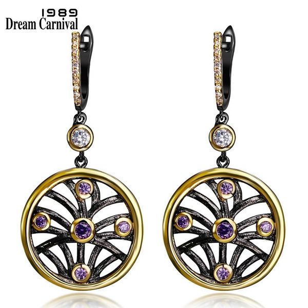

dreamcarnival 1989 worldwide delivery circle hollow pendant women drop earrings black gold color purple cz anniversary jewelry j190702, Golden;silver