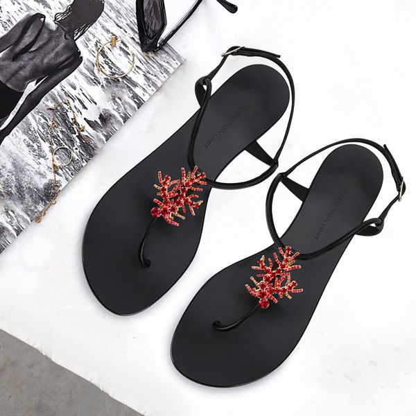 

summer woman beach diamonds red coral flat sandal rhinestones red coral t strap flip-flop woman flat sandal ins, Black