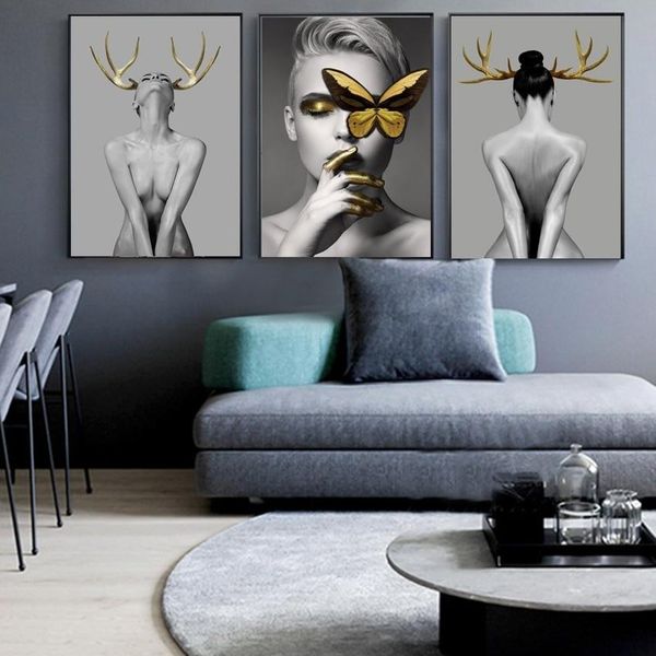 

3 panels nordic butterfly feather girl awakening canvas painting nude art poster prints modern wall art picture for living room home decor