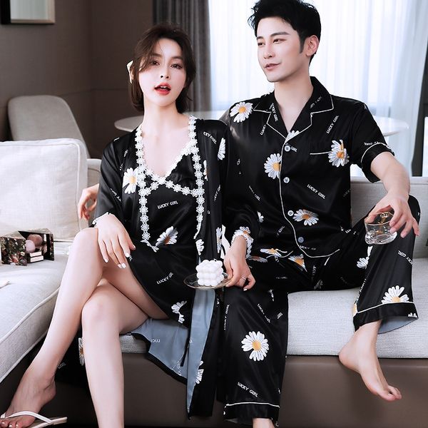 

couple pajamas women's ice clothes clothes home furnishing clothing silk thin short sleeve suit daisy silk men's summer home wear, Blue;red