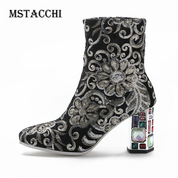 

mstacchi women sequin embroider crystal bling ankle boots elegant flower zipper-sid women boots dazzling strange heels, Black