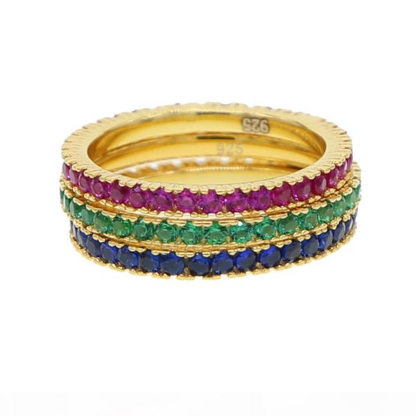 

y real 925 silver colorful cz eternity band ring thin skinny engagement birthstone rainbow color classic simple round circle rings, Slivery;golden