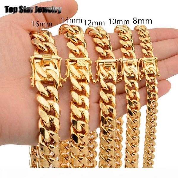 

8mm 10mm 12mm 14mm 16mm stainless steel jewelry 18k gold plated high polished miami cuban link necklace men punk curb chain butterfly clasp, Silver