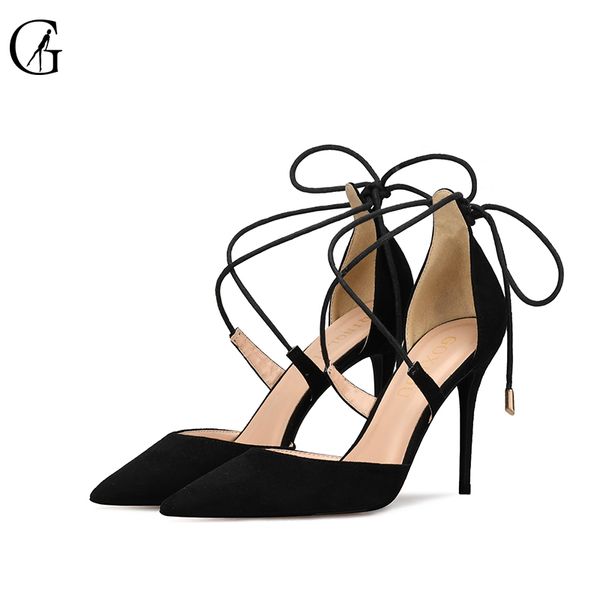 

goxeou women's sandals lace up bow suede pointed toe heel high heels cross-tied party fashion ladies sandals size32-46 t200723, Black