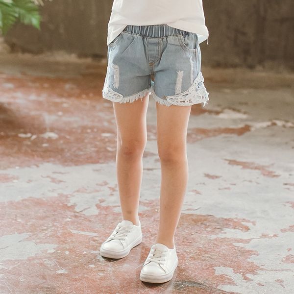 

2020 girls new korean style all-match casual elastic waist and lace jeans slim lace hole jeans children's pants, Blue