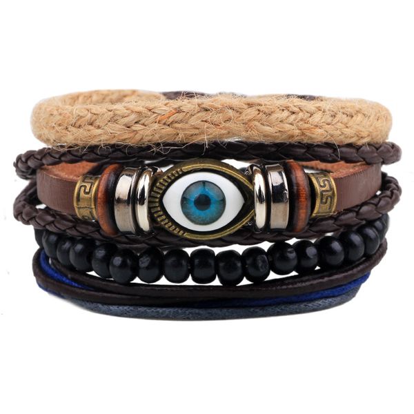 

boutique fashion rope leather rope wax evil eye hand jewelry wooden beads woven beaded diy stretch bracelet, Golden;silver