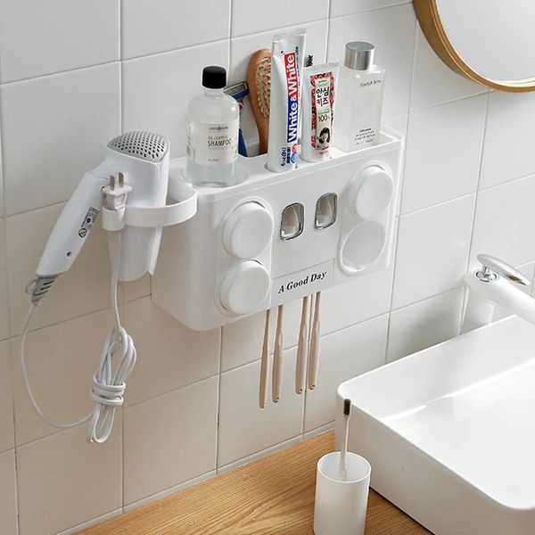 

4-1 auto toothpaste dispenser toothbrush cup holder wall mount stand bathroom