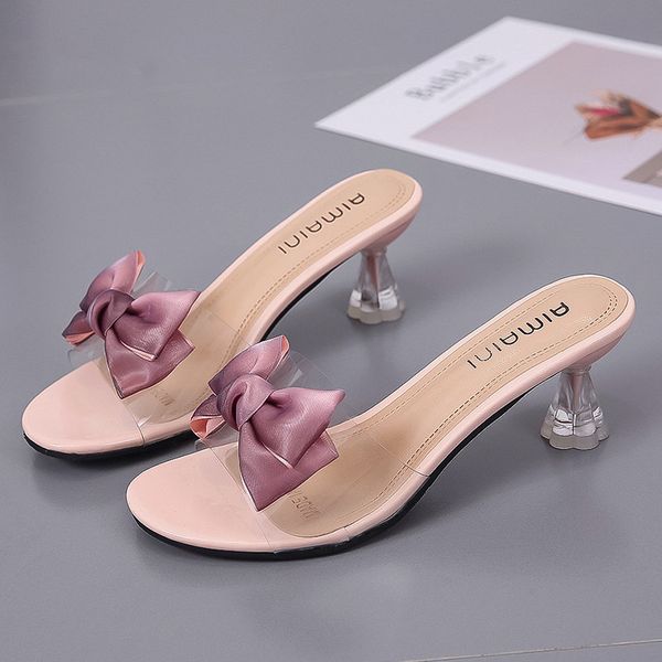 

transparent slippers women shoes woman mules summer new transparent bow knot clear high spike heels crystal ladies shoes slides, Black