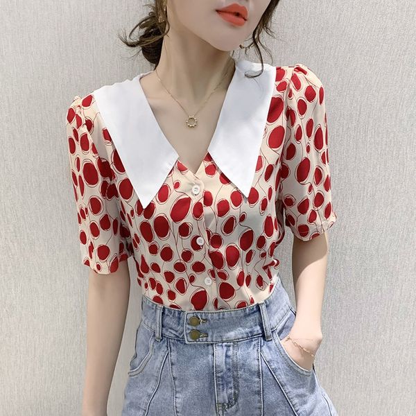 

2020 new floral chiffon women's short sleeve korean style fashion loose western style all-match printed shirt shirt top, White